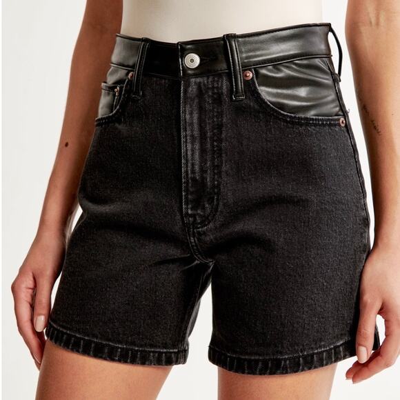 Abercrombie & Fitch The Dad Faux Leather High-Rise Denim Shorts - Picture 1 of 11